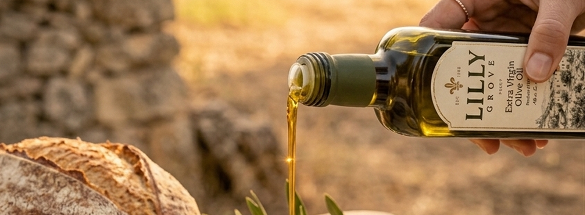Cold pressed extra virgin olive oil pouring